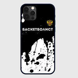 Чехол для iPhone 12 Pro Max Баскетболист из России и герб РФ: символ сверху, цвет: 3D-черный