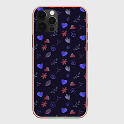 Чехол для iPhone 12 Pro Max Паттерн с сердечками и цветами, цвет: 3D-светло-розовый