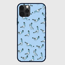 Чехол для iPhone 12 Pro Max Голубь в шляпе и с зонтиком: паттерн - голубой, цвет: 3D-черный