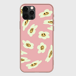 Чехол для iPhone 12 Pro Max Искаженные смайлы-цветы на розовом паттер, цвет: 3D-светло-розовый