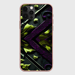 Чехол для iPhone 12 Pro Max Зеленые листья и фиолетовые вставки, цвет: 3D-светло-розовый