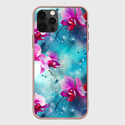 Чехол iPhone 12 Pro Max Розовые орхидеи на бирюзовом - паттерн акварель