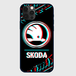 Чехол для iPhone 12 Pro Max Значок Skoda в стиле glitch на темном фоне, цвет: 3D-черный