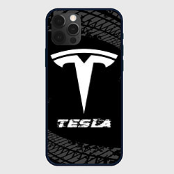 Чехол для iPhone 12 Pro Max Tesla speed на темном фоне со следами шин, цвет: 3D-черный