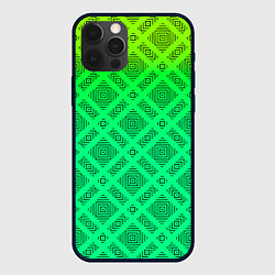 Чехол для iPhone 12 Pro Max Желто-зеленый градиентный фон с геометрическим узо, цвет: 3D-черный
