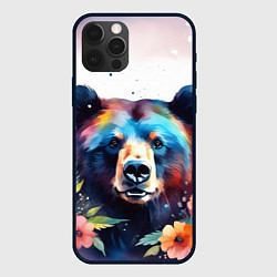 Чехол iPhone 12 Pro Max Портрет медведя гризли с цветами акварелью