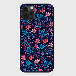 Чехол для iPhone 12 Pro Max Цветочный паттерн в синих и сиреневых тонах, цвет: 3D-черный