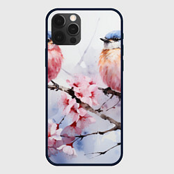 Чехол для iPhone 12 Pro Max Птицы в ветвях сакуры акварель, цвет: 3D-черный