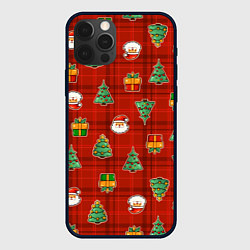 Чехол iPhone 12 Pro Max Елочки и Санта - паттерн красная клетка