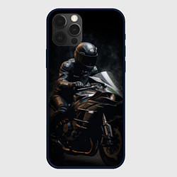 Чехол для iPhone 12 Pro Max Мотоциклист на спортивном байке черный фон, цвет: 3D-черный