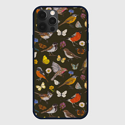 Чехол iPhone 12 Pro Max Птицы и бабочки с цветами паттерн
