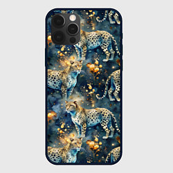 Чехол для iPhone 12 Pro Max Леопард и золотые капли на синем фоне, цвет: 3D-черный