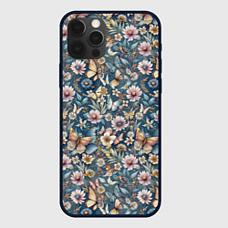 Чехол для iPhone 12 Pro Max Летний узор с цветами и бабочками, цвет: 3D-черный