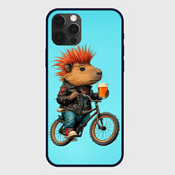 Чехол для iPhone 12 Pro Max Капибара байкер с ирокезом и пивом, цвет: 3D-черный