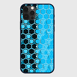 Чехол iPhone 12 Pro Max Техно-киберпанк шестиугольники голубой и чёрный