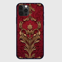 Чехол iPhone 12 Pro Max Объемный золотой узор лепнины на красном текстурно