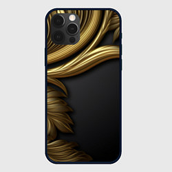 Чехол iPhone 12 Pro Max Золотые объемные листья на черном