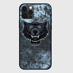 Чехол для iPhone 12 Pro Max Темно-синий злой волк на абстрактном фоне, цвет: 3D-черный