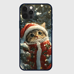 Чехол для iPhone 12 Pro Max Новогодний котик в зимнем лесу, цвет: 3D-черный