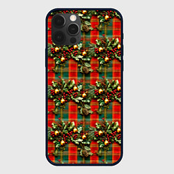 Чехол для iPhone 12 Pro Max Остролистный падуб на шотландской ткани, цвет: 3D-черный