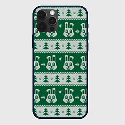 Чехол для iPhone 12 Pro Max Вязаный зимний узор с зайцами и ёлками, цвет: 3D-черный
