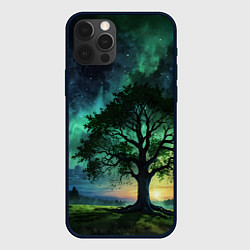 Чехол для iPhone 12 Pro Max Дерево под северным сиянием, цвет: 3D-черный
