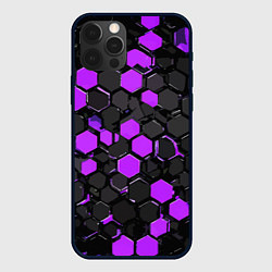 Чехол для iPhone 12 Pro Max Фиолетово-серые шестиугольники на чёрном фоне, цвет: 3D-черный