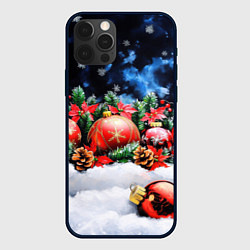 Чехол для iPhone 12 Pro Max Новогодние игрушки на снегу, цвет: 3D-черный