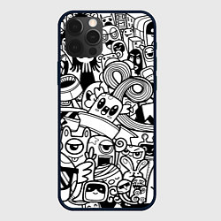 Чехол для iPhone 12 Pro Max Black and white doddle monsters, цвет: 3D-черный