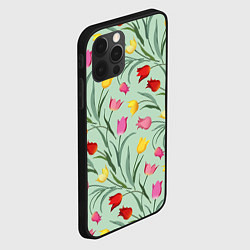 Чехол для iPhone 12 Pro Max Тюльпаны цветочный паттерн на светло-зелёном фоне, цвет: 3D-черный — фото 2
