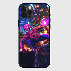 Чехол для iPhone 12 Pro Max Человек-паук и фиолетовый свет, цвет: 3D-черный