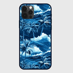 Чехол для iPhone 12 Pro Max Пальмы и волны - голубые оттенки паттерн, цвет: 3D-черный