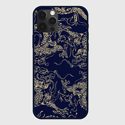 Чехол для iPhone 12 Pro Max Золотые драконы на синем, цвет: 3D-черный