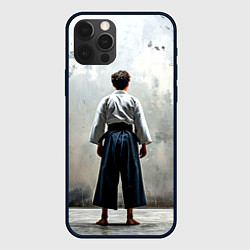 Чехол для iPhone 12 Pro Max Боец айкидо на сером, цвет: 3D-черный