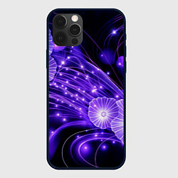 Чехол для iPhone 12 Pro Max Силуэты цветов на темном фоне - фиолетовое свечени, цвет: 3D-черный