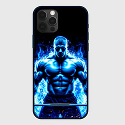 Чехол для iPhone 12 Pro Max Пауэрлифтер в синем пламени, цвет: 3D-черный