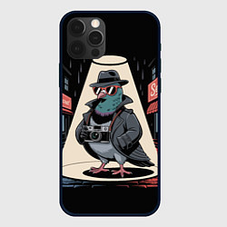 Чехол для iPhone 12 Pro Max Голубь шпион со старым фотоаппаратом в городе, цвет: 3D-черный