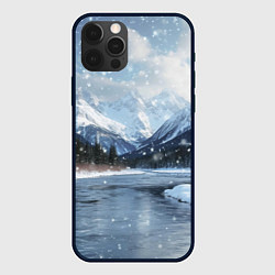 Чехол для iPhone 12 Pro Max Снежный горный пейзаж с елями и рекой, цвет: 3D-черный