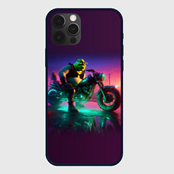 Чехол для iPhone 12 Pro Max Шрек на мотоцикле на закате - нейроарт фантазия, цвет: 3D-черный