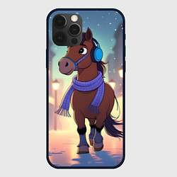 Чехол для iPhone 12 Pro Max Лошадка в шарфе и наушниках, цвет: 3D-черный