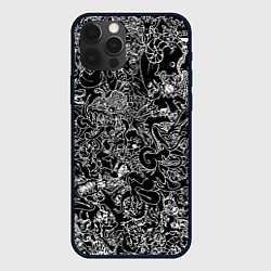Чехол для iPhone 12 Pro Монстры черно-белый паттерн, цвет: 3D-черный