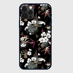 Чехол для iPhone 12 Pro Белые цветы в темноте, цвет: 3D-черный