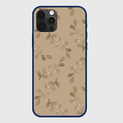 Чехол для iPhone 12 Pro Листья на бежевом фоне, цвет: 3D-тёмно-синий