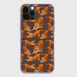 Чехол для iPhone 12 Pro Тигровые потягушки кофе паттерн, цвет: 3D-светло-сиреневый