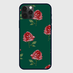 Чехол для iPhone 12 Pro Ярко красные розы на темно-зеленом фоне, цвет: 3D-черный