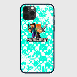 Чехол для iPhone 12 Pro Minecraft бирюзовый фон, цвет: 3D-черный