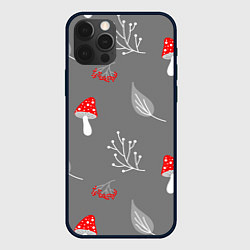 Чехол для iPhone 12 Pro Грибочки на сером фоне, паттерн, цвет: 3D-черный