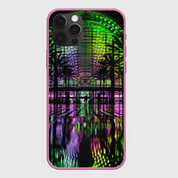 Чехол для iPhone 12 Pro Неоновое здание ночью - Зелёный, цвет: 3D-малиновый