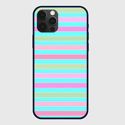 Чехол для iPhone 12 Pro Pink turquoise stripes horizontal Полосатый узор, цвет: 3D-черный