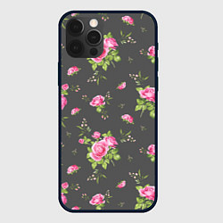 Чехол для iPhone 12 Pro Розовые розы на сером фоне, цвет: 3D-черный